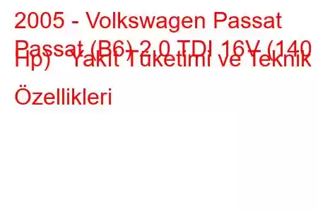 2005 - Volkswagen Passat
Passat (B6) 2.0 TDI 16V (140 Hp) Yakıt Tüketimi ve Teknik Özellikleri