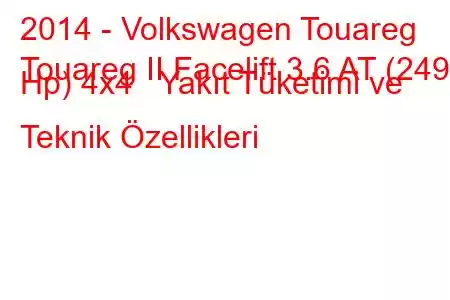 2014 - Volkswagen Touareg
Touareg II Facelift 3.6 AT (249 Hp) 4x4 Yakıt Tüketimi ve Teknik Özellikleri