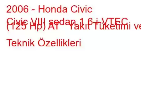 2006 - Honda Civic
Civic VIII sedan 1.6 i-VTEC (125 Hp) AT Yakıt Tüketimi ve Teknik Özellikleri