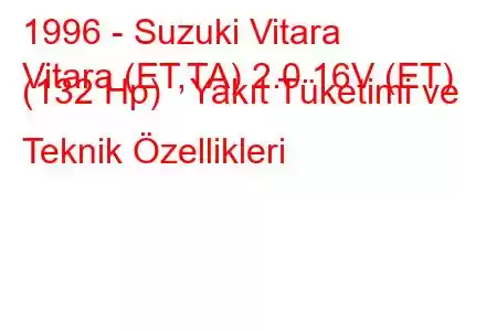 1996 - Suzuki Vitara
Vitara (ET,TA) 2.0 16V (ET) (132 Hp) Yakıt Tüketimi ve Teknik Özellikleri