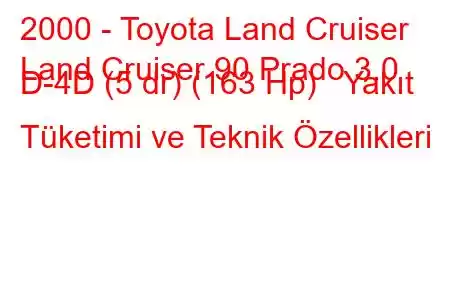 2000 - Toyota Land Cruiser
Land Cruiser 90 Prado 3.0 D-4D (5 dr) (163 Hp) Yakıt Tüketimi ve Teknik Özellikleri