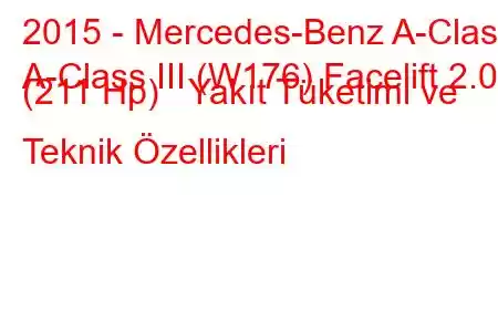 2015 - Mercedes-Benz A-Class
A-Class III (W176) Facelift 2.0 (211 Hp) Yakıt Tüketimi ve Teknik Özellikleri