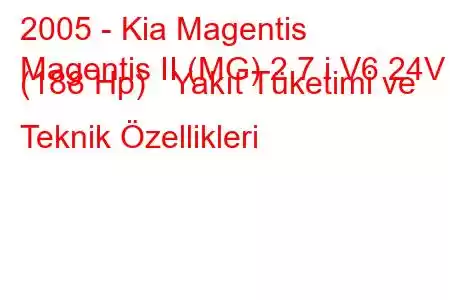 2005 - Kia Magentis
Magentis II (MG) 2.7 i V6 24V (188 Hp) Yakıt Tüketimi ve Teknik Özellikleri