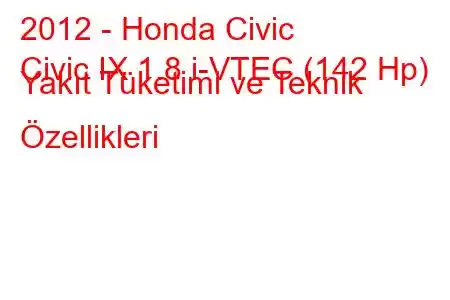 2012 - Honda Civic
Civic IX 1.8 i-VTEC (142 Hp) Yakıt Tüketimi ve Teknik Özellikleri