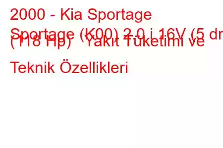 2000 - Kia Sportage
Sportage (K00) 2.0 i 16V (5 dr) (118 Hp) Yakıt Tüketimi ve Teknik Özellikleri