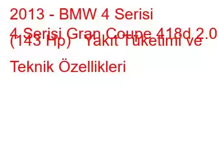 2013 - BMW 4 Serisi
4 Serisi Gran Coupe 418d 2.0 (143 Hp) Yakıt Tüketimi ve Teknik Özellikleri