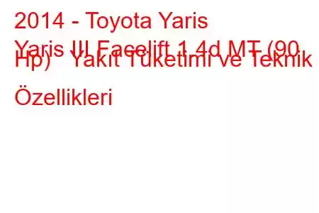 2014 - Toyota Yaris
Yaris III Facelift 1.4d MT (90 Hp) Yakıt Tüketimi ve Teknik Özellikleri