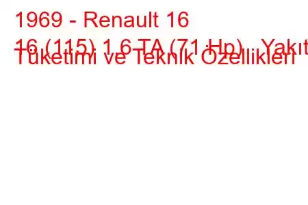 1969 - Renault 16
16 (115) 1.6 TA (71 Hp) Yakıt Tüketimi ve Teknik Özellikleri