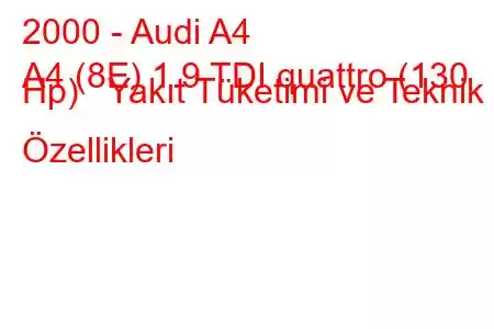 2000 - Audi A4
A4 (8E) 1.9 TDI quattro (130 Hp) Yakıt Tüketimi ve Teknik Özellikleri