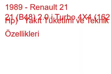 1989 - Renault 21
21 (B48) 2.0 i Turbo 4X4 (162 Hp) Yakıt Tüketimi ve Teknik Özellikleri