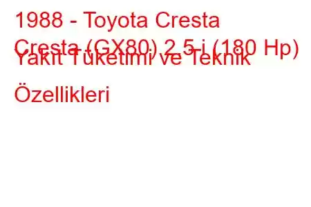 1988 - Toyota Cresta
Cresta (GX80) 2.5 i (180 Hp) Yakıt Tüketimi ve Teknik Özellikleri