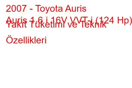 2007 - Toyota Auris
Auris 1.6 i 16V VVT-i (124 Hp) Yakıt Tüketimi ve Teknik Özellikleri