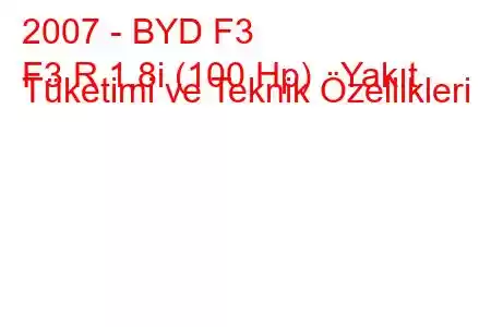 2007 - BYD F3
F3 R 1.8i (100 Hp) Yakıt Tüketimi ve Teknik Özellikleri