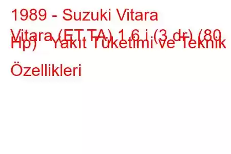 1989 - Suzuki Vitara
Vitara (ET,TA) 1.6 i (3 dr) (80 Hp) Yakıt Tüketimi ve Teknik Özellikleri