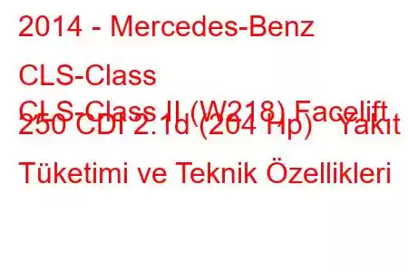 2014 - Mercedes-Benz CLS-Class
CLS-Class II (W218) Facelift 250 CDI 2.1d (204 Hp) Yakıt Tüketimi ve Teknik Özellikleri