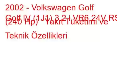 2002 - Volkswagen Golf
Golf IV (1J1) 3.2 i VR6 24V RSI (240 Hp) Yakıt Tüketimi ve Teknik Özellikleri