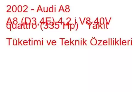 2002 - Audi A8
A8 (D3,4E) 4.2 i V8 40V quattro (335 Hp) Yakıt Tüketimi ve Teknik Özellikleri