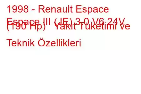 1998 - Renault Espace
Espace III (JE) 3.0 V6 24V (190 Hp) Yakıt Tüketimi ve Teknik Özellikleri