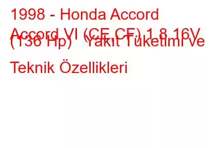 1998 - Honda Accord
Accord VI (CE,CF) 1.8 16V (136 Hp) Yakıt Tüketimi ve Teknik Özellikleri