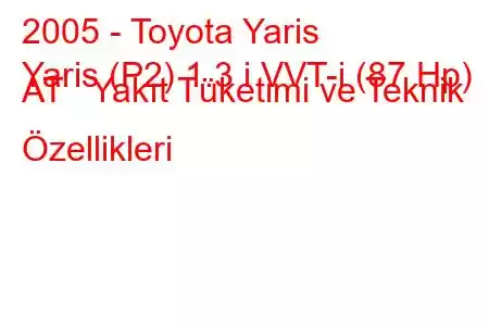 2005 - Toyota Yaris
Yaris (P2) 1.3 i VVT-i (87 Hp) AT Yakıt Tüketimi ve Teknik Özellikleri