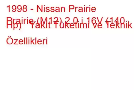 1998 - Nissan Prairie
Prairie (M12) 2.0 i 16V (140 Hp) Yakıt Tüketimi ve Teknik Özellikleri