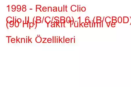 1998 - Renault Clio
Clio II (B/C/SB0) 1.6 (B/CB0D) (90 Hp) Yakıt Tüketimi ve Teknik Özellikleri