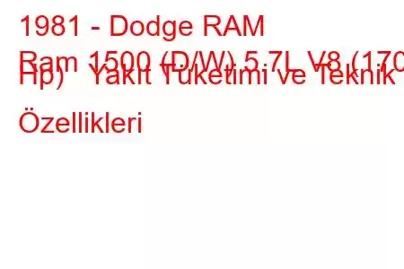 1981 - Dodge RAM
Ram 1500 (D/W) 5.7L V8 (170 Hp) Yakıt Tüketimi ve Teknik Özellikleri