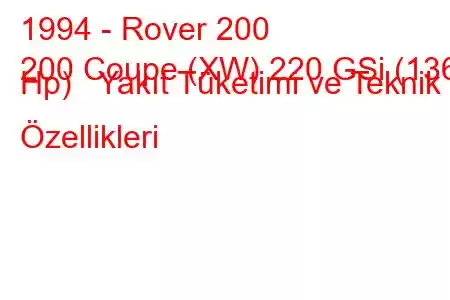 1994 - Rover 200
200 Coupe (XW) 220 GSi (136 Hp) Yakıt Tüketimi ve Teknik Özellikleri