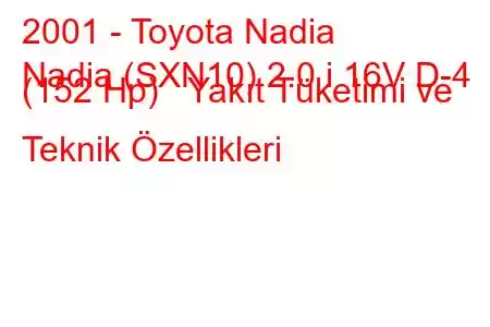 2001 - Toyota Nadia
Nadia (SXN10) 2.0 i 16V D-4 (152 Hp) Yakıt Tüketimi ve Teknik Özellikleri