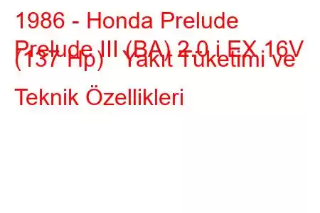 1986 - Honda Prelude
Prelude III (BA) 2.0 i EX 16V (137 Hp) Yakıt Tüketimi ve Teknik Özellikleri