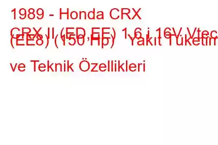 1989 - Honda CRX
CRX II (ED,EE) 1.6 i 16V Vtec (EE8) (150 Hp) Yakıt Tüketimi ve Teknik Özellikleri