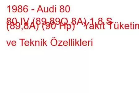 1986 - Audi 80
80 IV (89,89Q,8A) 1.8 S (89,8A) (90 Hp) Yakıt Tüketimi ve Teknik Özellikleri