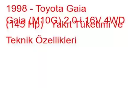 1998 - Toyota Gaia
Gaia (M10G) 2.0 i 16V 4WD (145 Hp) Yakıt Tüketimi ve Teknik Özellikleri