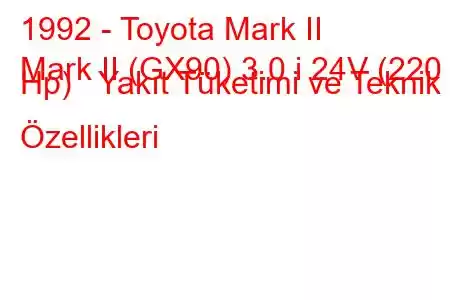 1992 - Toyota Mark II
Mark II (GX90) 3.0 i 24V (220 Hp) Yakıt Tüketimi ve Teknik Özellikleri