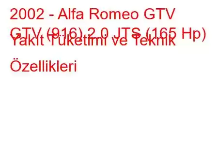 2002 - Alfa Romeo GTV
GTV (916) 2.0 JTS (165 Hp) Yakıt Tüketimi ve Teknik Özellikleri