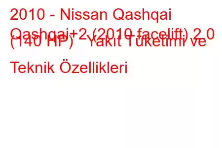 2010 - Nissan Qashqai
Qashqai+2 (2010 facelift) 2.0 (140 HP) Yakıt Tüketimi ve Teknik Özellikleri