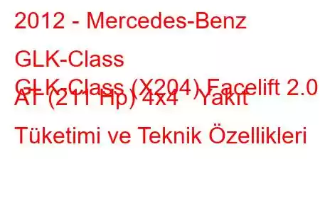 2012 - Mercedes-Benz GLK-Class
GLK-Class (X204) Facelift 2.0 AT (211 Hp) 4x4 Yakıt Tüketimi ve Teknik Özellikleri