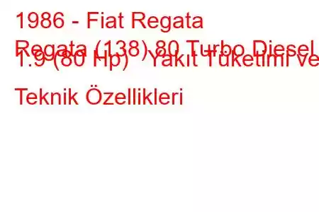 1986 - Fiat Regata
Regata (138) 80 Turbo Diesel 1.9 (80 Hp) Yakıt Tüketimi ve Teknik Özellikleri