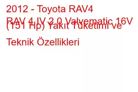 2012 - Toyota RAV4
RAV 4 IV 2.0 Valvematic 16V (151 Hp) Yakıt Tüketimi ve Teknik Özellikleri