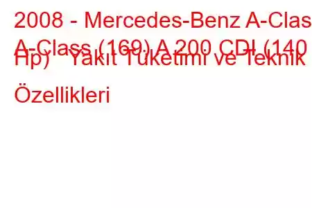 2008 - Mercedes-Benz A-Class
A-Class (169) A 200 CDI (140 Hp) Yakıt Tüketimi ve Teknik Özellikleri