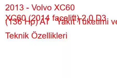 2013 - Volvo XC60
XC60 (2014 facelift) 2.0 D3 (136 Hp) AT Yakıt Tüketimi ve Teknik Özellikleri