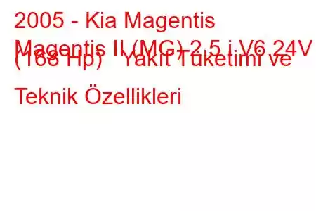 2005 - Kia Magentis
Magentis II (MG) 2.5 i V6 24V (168 Hp) Yakıt Tüketimi ve Teknik Özellikleri