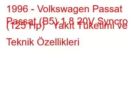 1996 - Volkswagen Passat
Passat (B5) 1.8 20V Syncro (125 Hp) Yakıt Tüketimi ve Teknik Özellikleri