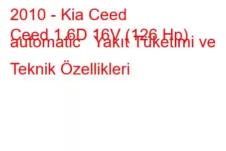 2010 - Kia Ceed
Ceed 1.6D 16V (126 Hp) automatic Yakıt Tüketimi ve Teknik Özellikleri