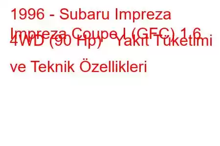 1996 - Subaru Impreza
Impreza Coupe I (GFC) 1.6 4WD (90 Hp) Yakıt Tüketimi ve Teknik Özellikleri