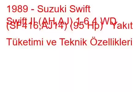 1989 - Suzuki Swift
Swift II (AH,AJ) 1.6 4 WD (SF416,AJ14) (95 Hp) Yakıt Tüketimi ve Teknik Özellikleri