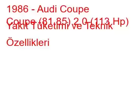 1986 - Audi Coupe
Coupe (81,85) 2.0 (113 Hp) Yakıt Tüketimi ve Teknik Özellikleri