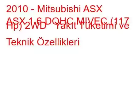 2010 - Mitsubishi ASX
ASX 1.6 DOHC MIVEC (117 Hp) 2WD Yakıt Tüketimi ve Teknik Özellikleri