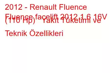 2012 - Renault Fluence
Fluence facelift 2012 1.6 16V (110 Hp) Yakıt Tüketimi ve Teknik Özellikleri