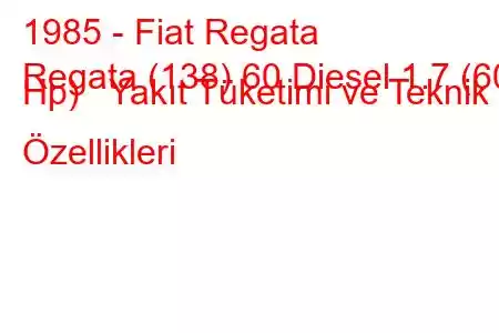 1985 - Fiat Regata
Regata (138) 60 Diesel 1.7 (60 Hp) Yakıt Tüketimi ve Teknik Özellikleri